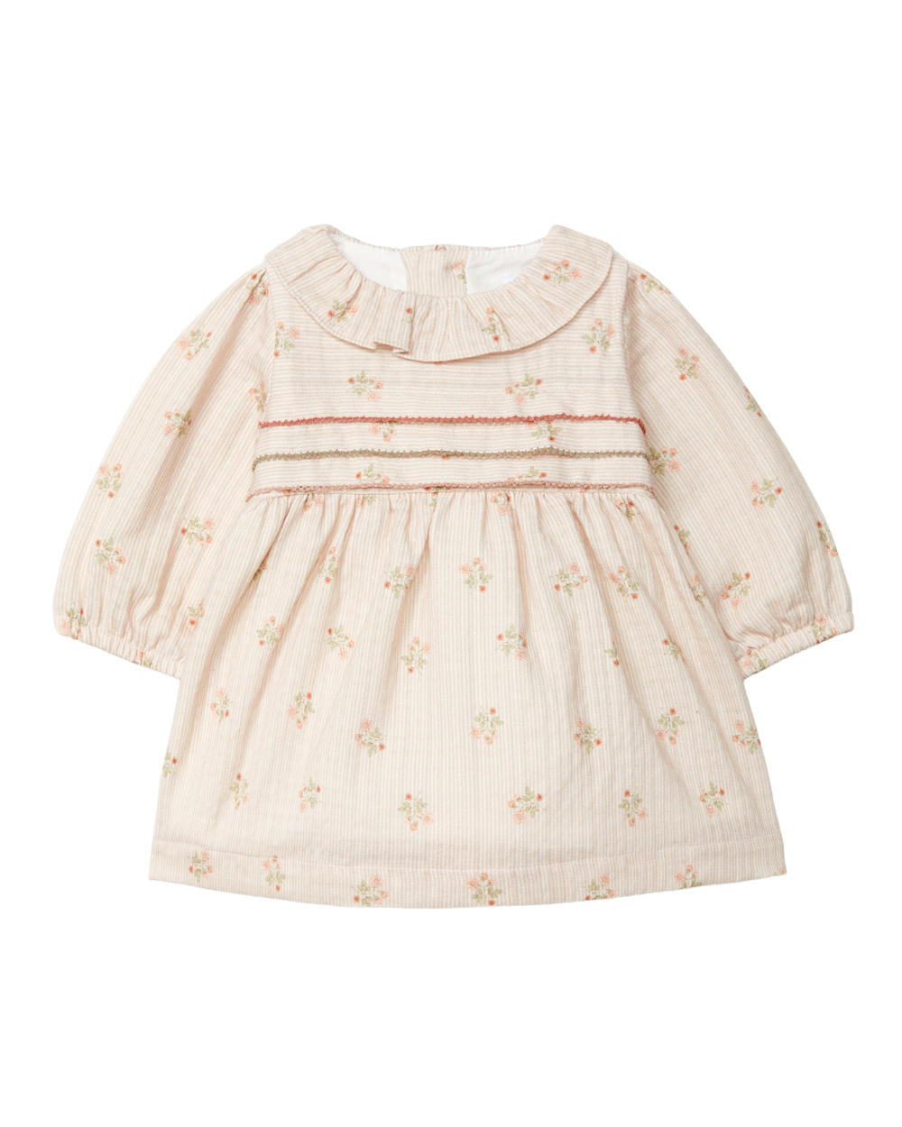 Vestido Riscas e Flores com Gola de Folho