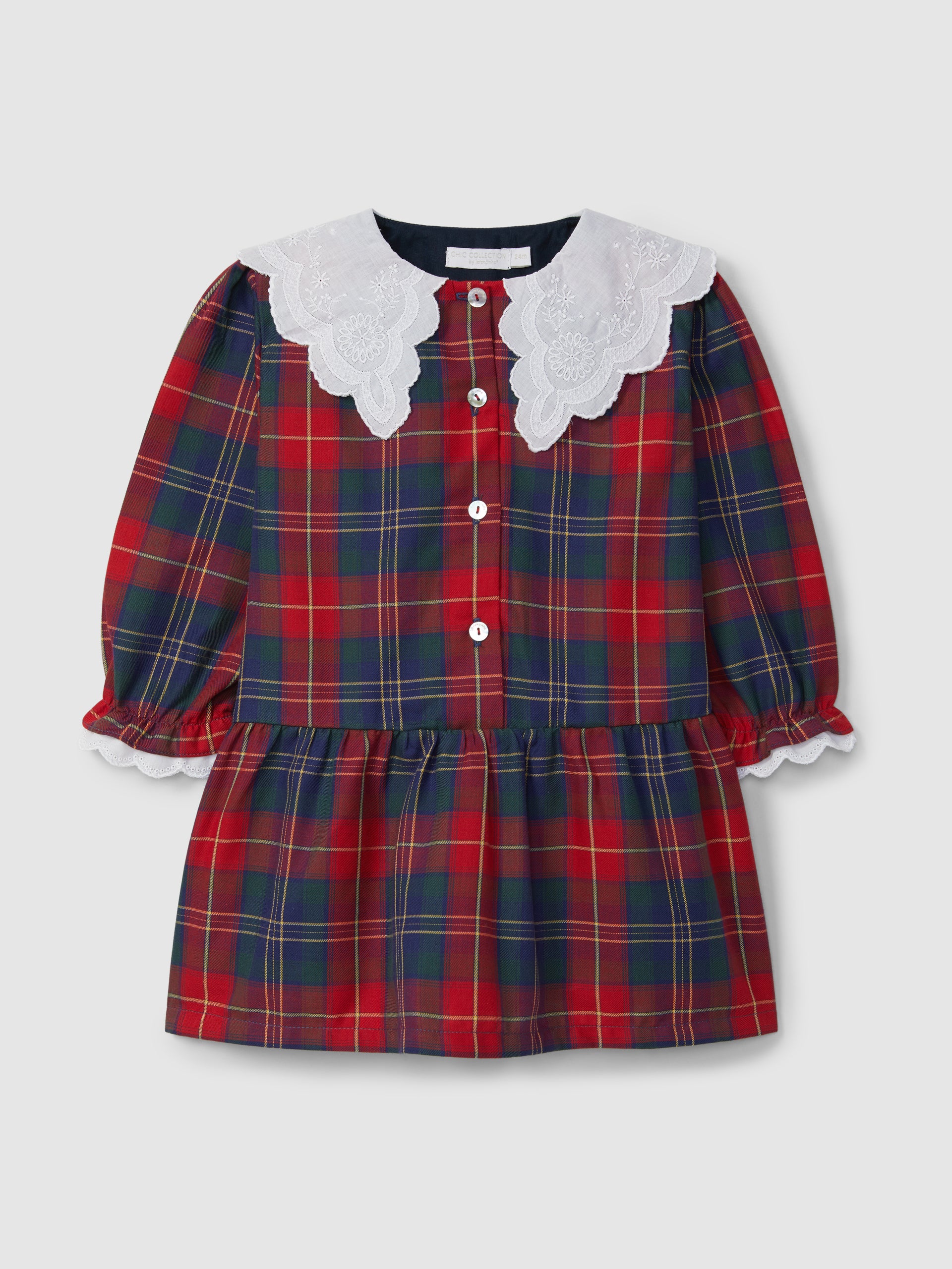 Vestido Xadrez com Gola Bordado Inglês
