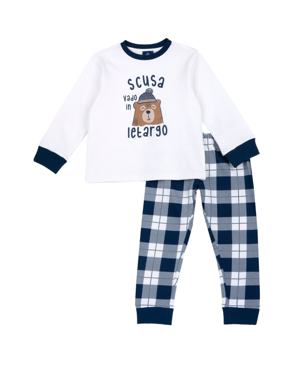 Pijama de Algodão Cardado Xadrez com Urso