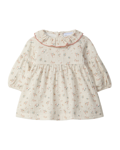 Vestido Gaze Floral Gola de Folho