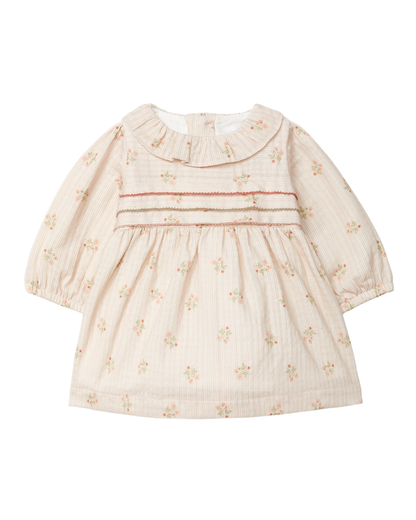 Vestido Riscas e Flores com Gola de Folho