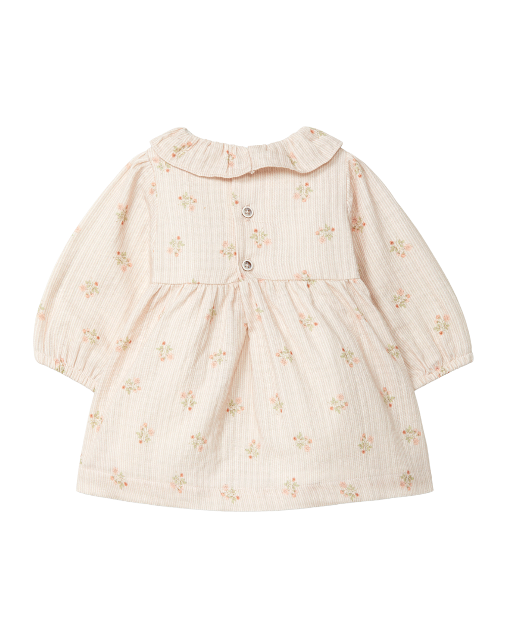 Vestido Riscas e Flores com Gola de Folho