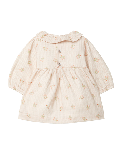 Vestido Riscas e Flores com Gola de Folho