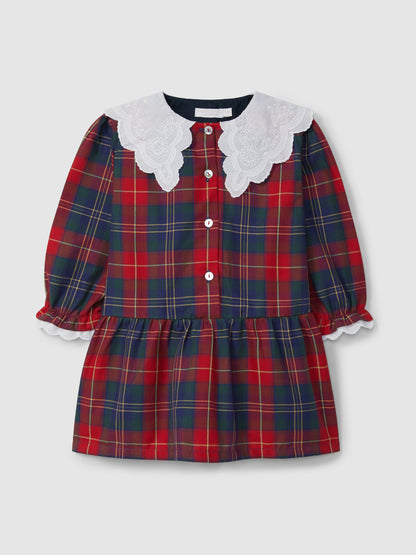 Vestido Xadrez com Gola Bordado Inglês