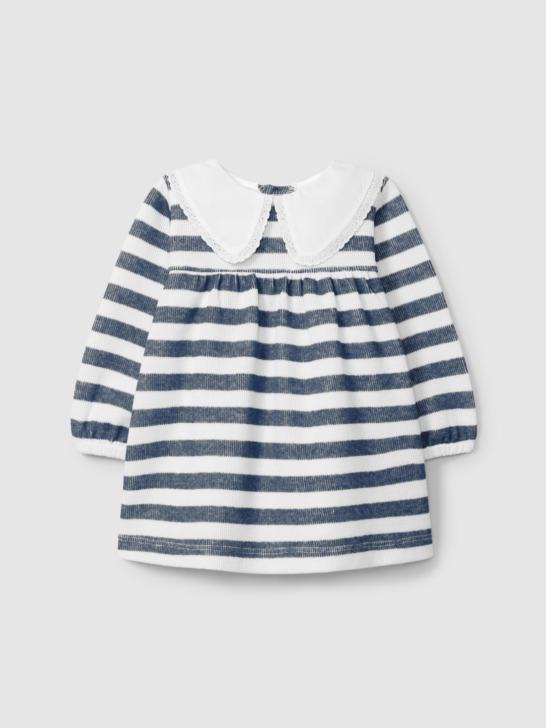 Vestido Riscas com Gola de Renda