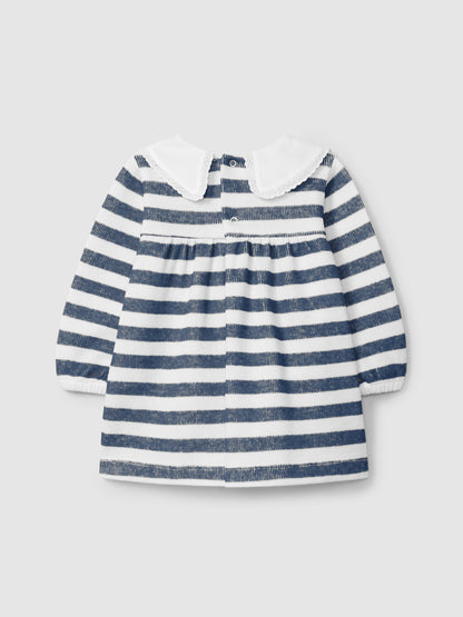Vestido Riscas com Gola de Renda