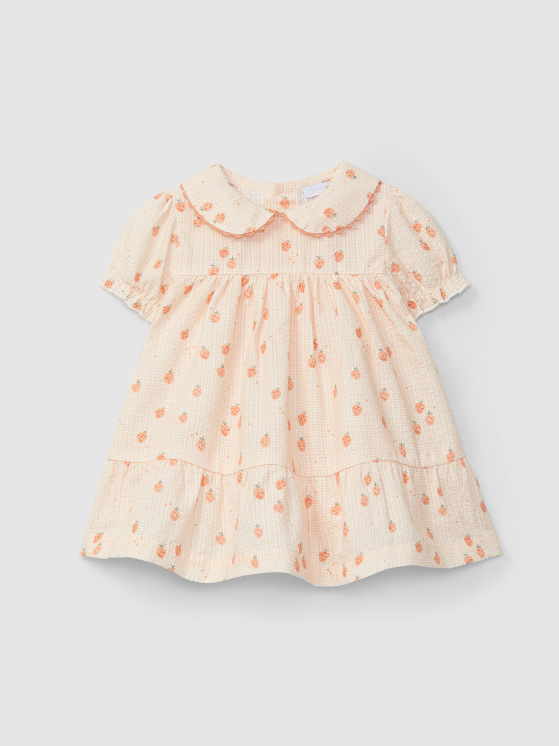 Vestido Seersucker Micro-Xadrez e Morangos