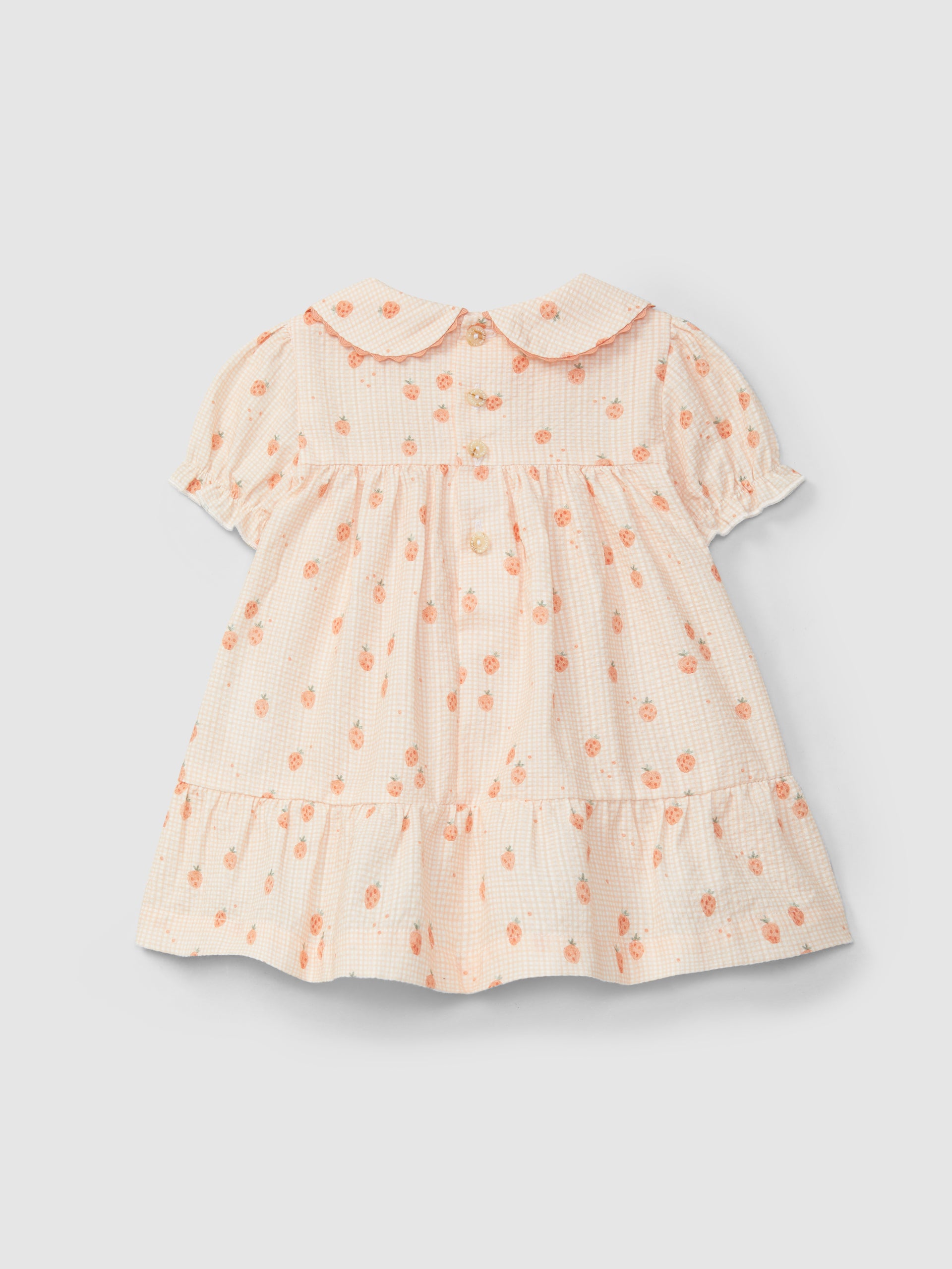 Vestido Seersucker Micro-Xadrez e Morangos